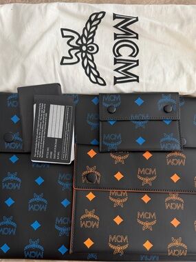 MCM Black Leather Wallet & Card Holder Set with Blue and Orange Print